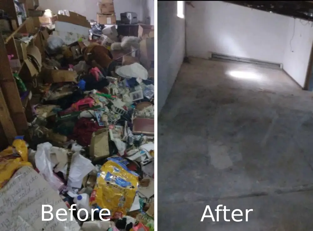 Before and after estate cleanout showing cluttered room cleared and cleaned