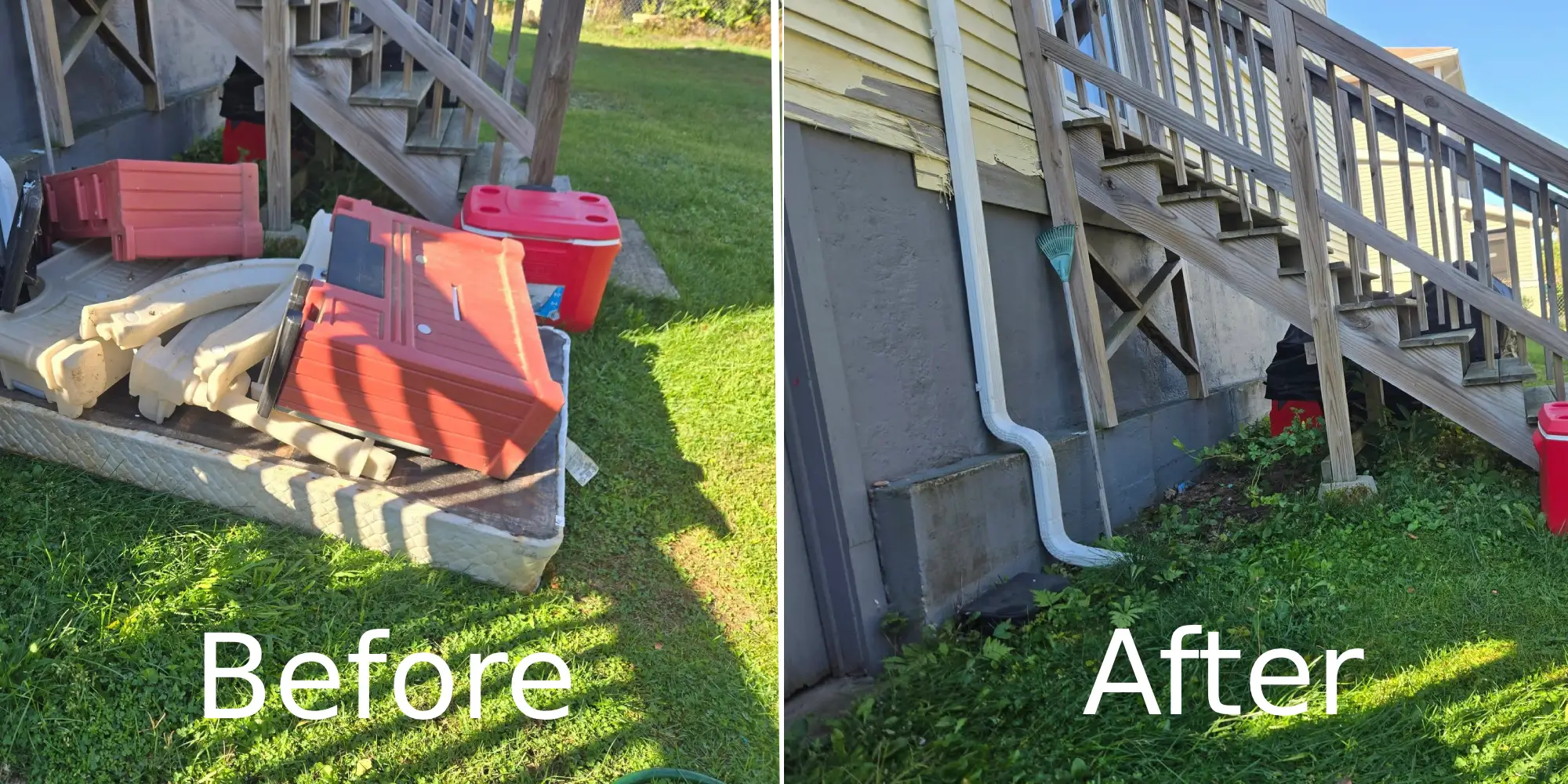 Before and after photo showing junk cleared from under a wooden deck by a local junk removal team in Asheville.